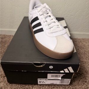 adidas White Sneakers with Black Stripes and Gum Sole